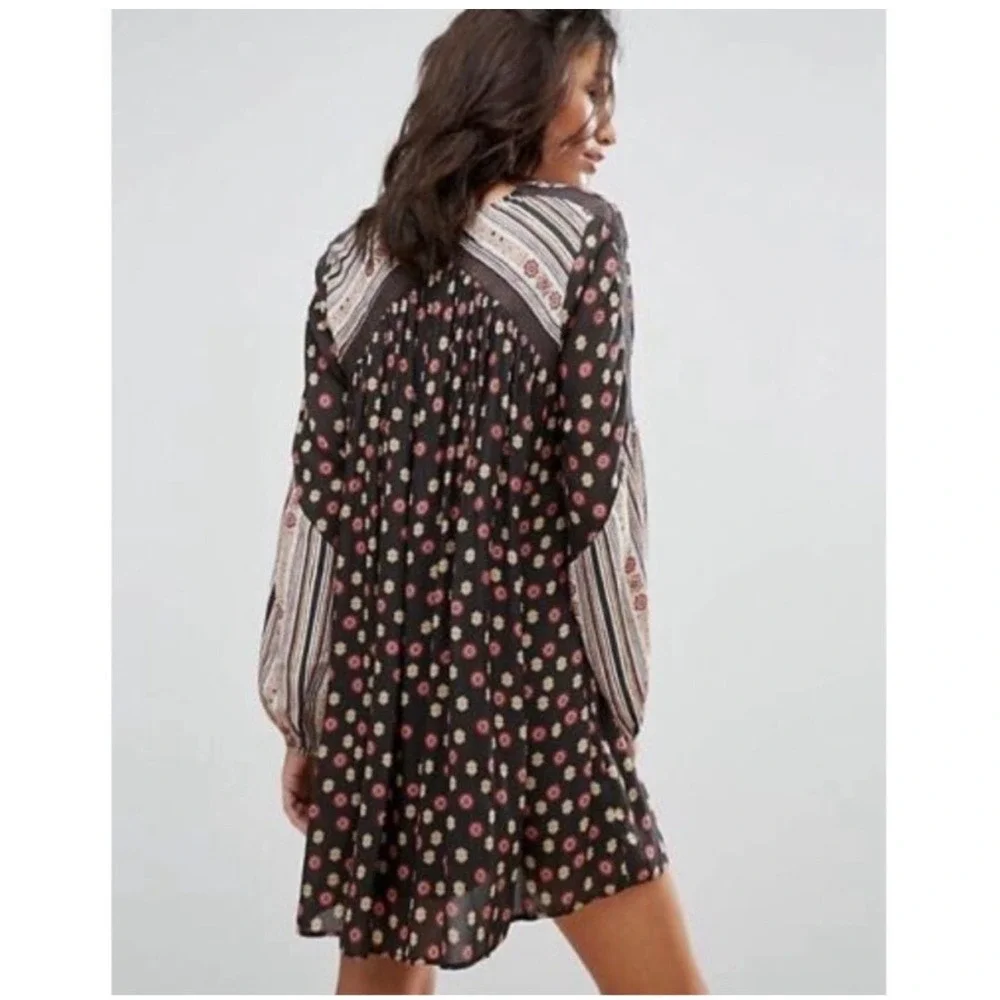 J14 Free‎ People Womens Rain or Shine Mini Dress Long Sleeve Black Multicolor - Picture 2 of 6